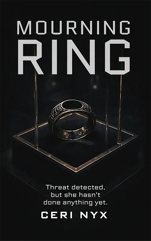 Mourning Ring book cover by Ceri Nyx, showing an engraved ring in a dark display case.