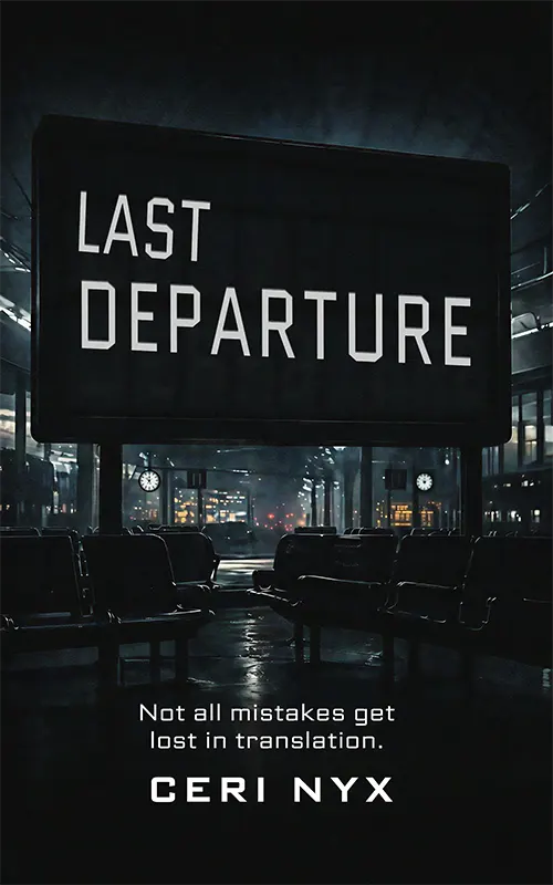 Last Departure book cover by Ceri Nyx, showing a dark station and glowing orange departure board.
