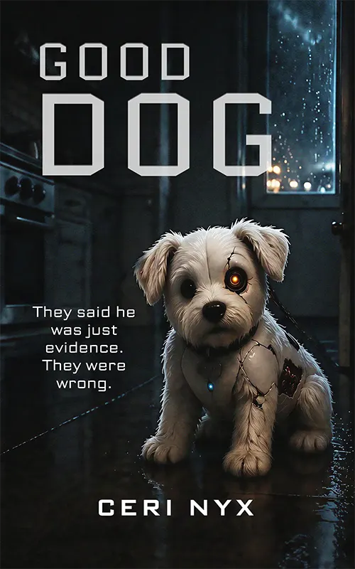 Good Dog book cover by Ceri Nyx, showing a small robotic dog with one glowing eye.