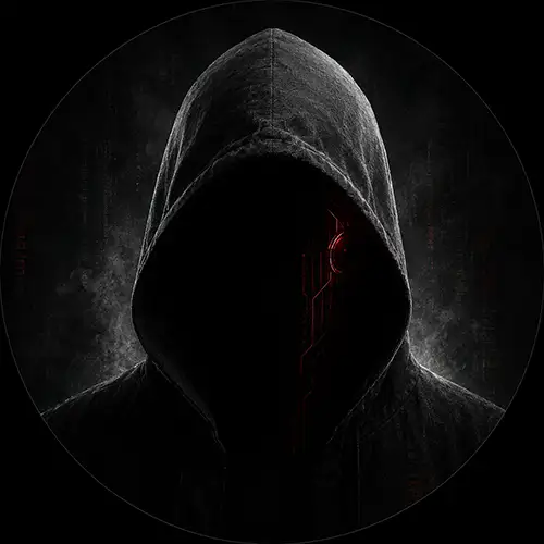 Decorative Ceri Nyx profile image showing a hooded figure with a shadowed face and red circuit detail.