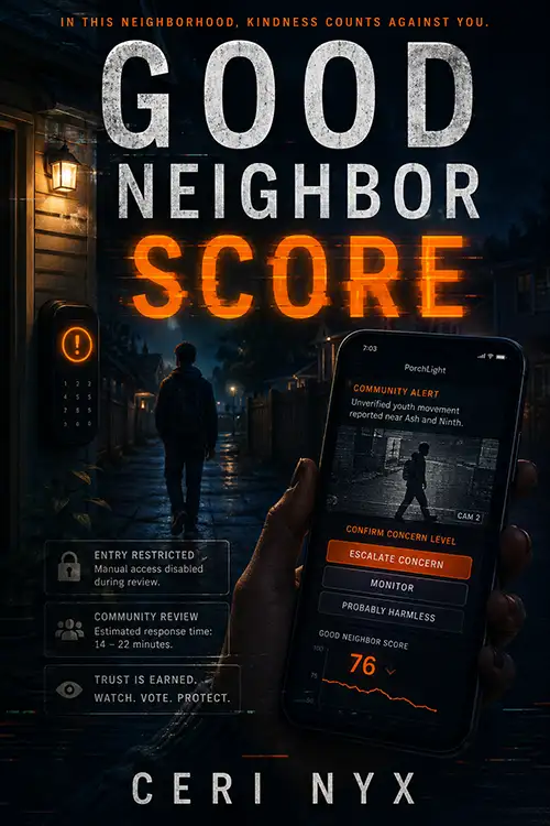 Book cover for “Good Neighbor Score” by Ceri Nyx, showing a dark suburban street, a smart lock, and a phone displaying a neighborhood safety alert and a falling Good Neighbor Score.