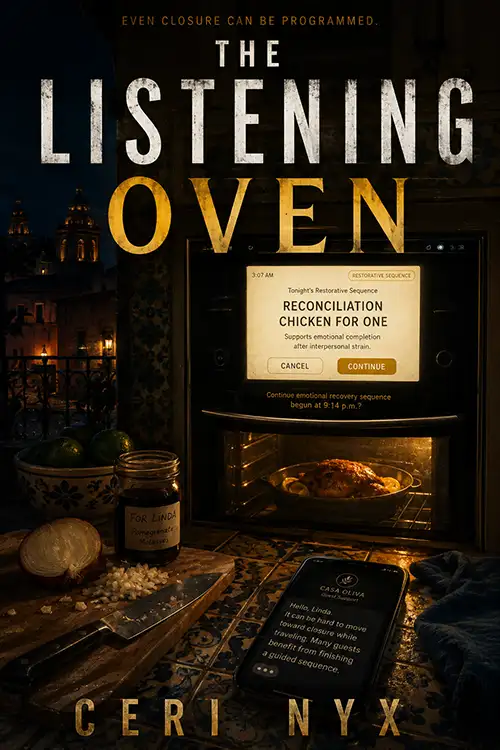 Book cover for “The Listening Oven” by Ceri Nyx, showing a smart oven in a dark kitchen with a screen suggesting “Reconciliation Chicken for One,” while a phone and cooking ingredients sit on the counter.